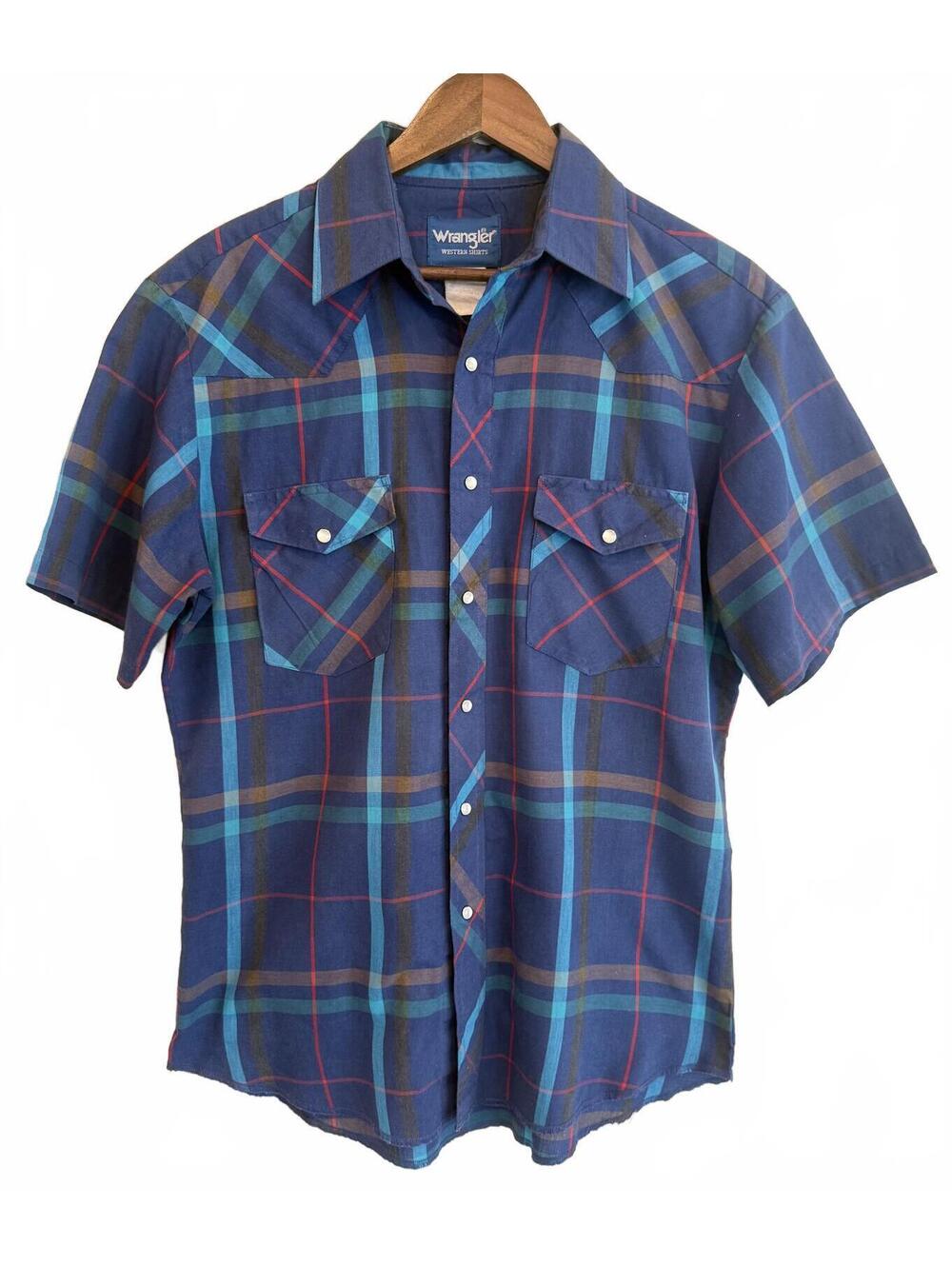 Wrangler Pearl Snap Western Shirt Mens Medium Blue Plaid Short Sleeve Classic